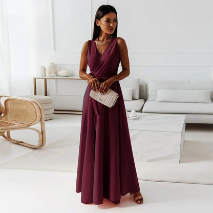 CD | Rochie maxi pentru femei - Țesătură luxoasă - Decolteu în V - Panglică cu cravată - Fără mâneci Ținută elegantă