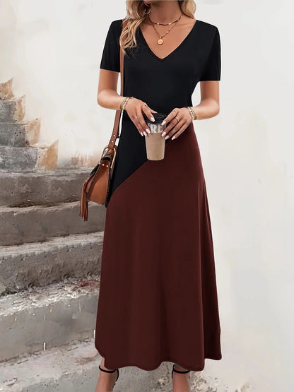 CD | Rochie maxi pentru femei - Amestec de bumbac - Top mulat - Decolteu în V - Colour block - Mâneci scurte