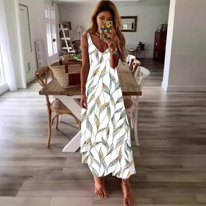 CD | Rochie maxi pentru femei - Croială fluidă - Amestec de bumbac - Fără mâneci - Imprimeu floral