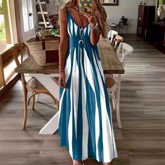 CD | Rochie maxi pentru femei - Croială fluidă - Fără mâneci - Decolteu în V - Dungi verticale - Material ușor