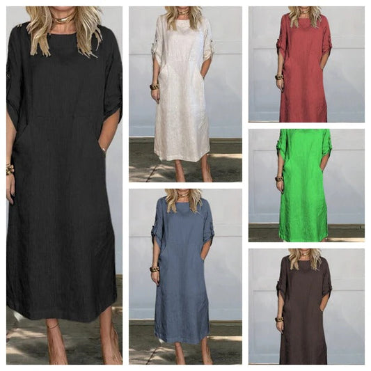CD | Rochie maxi pentru femei - Ținută relaxată - Aspect din in - Mâneci rulate - Buzunare laterale