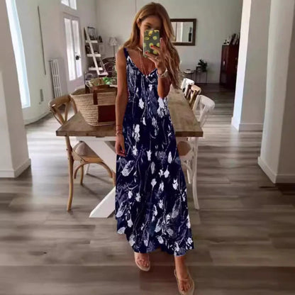 CD | Rochie maxi pentru femei - Croială fluidă - Amestec de bumbac - Fără mâneci - Imprimeu floral