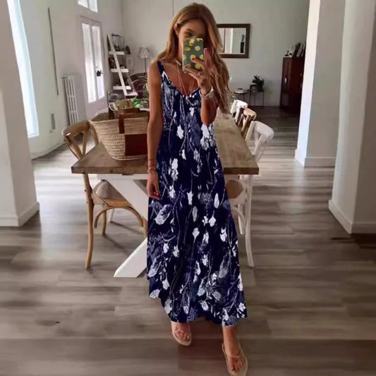 CD | Rochie maxi pentru femei - Croială fluidă - Amestec de bumbac - Fără mâneci - Imprimeu floral