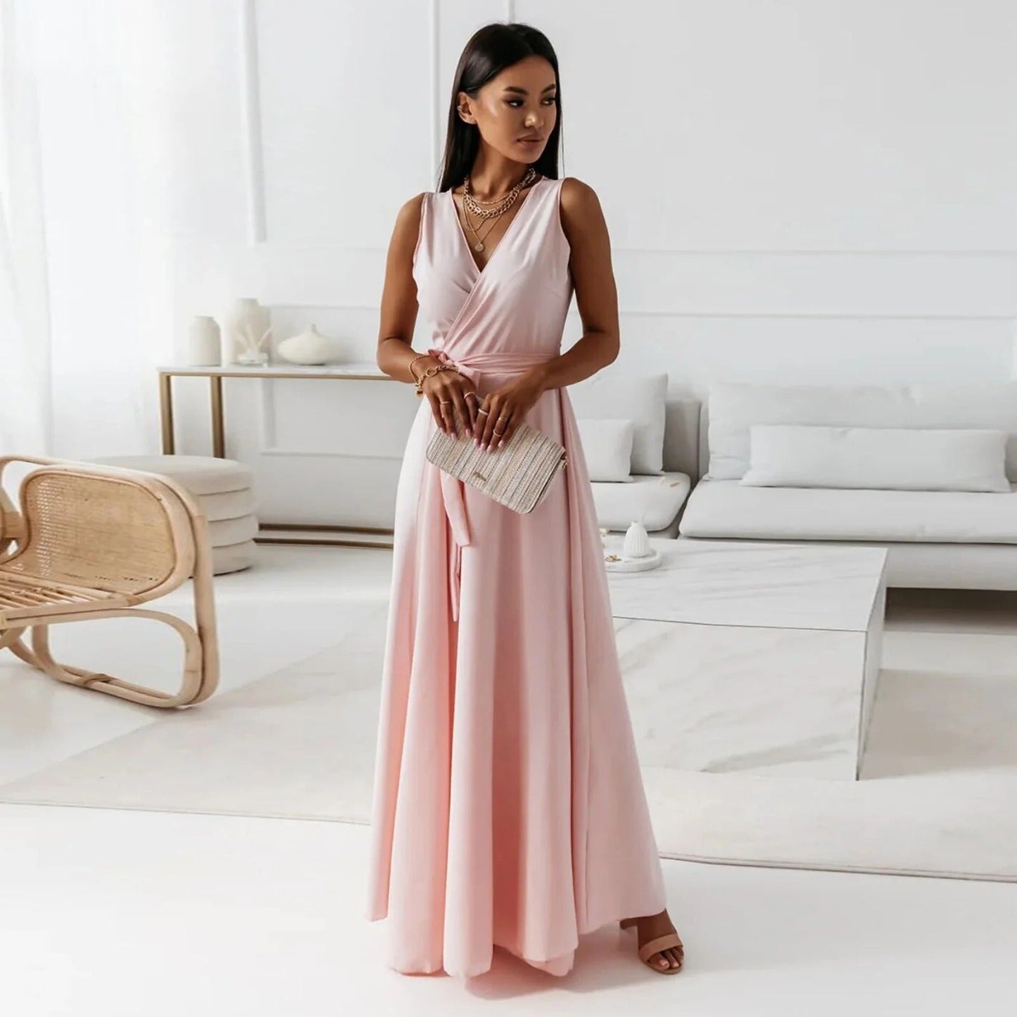 CD | Rochie maxi pentru femei - Țesătură luxoasă - Decolteu în V - Panglică cu cravată - Fără mâneci Ținută elegantă