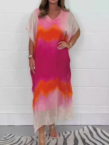 CD | Rochie maxi pentru femei - Șifon - Decolteu în V - Gradient de culoare ombre - Mâneci scurte - Ținută relaxată
