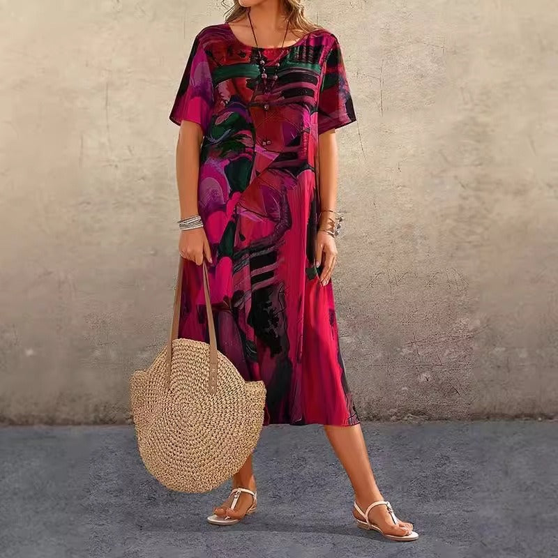 CD | Rochie midi pentru femei - Ținută relaxată - Senzație de bumbac respirabil - Imprimeu abstract - Mâneci scurte