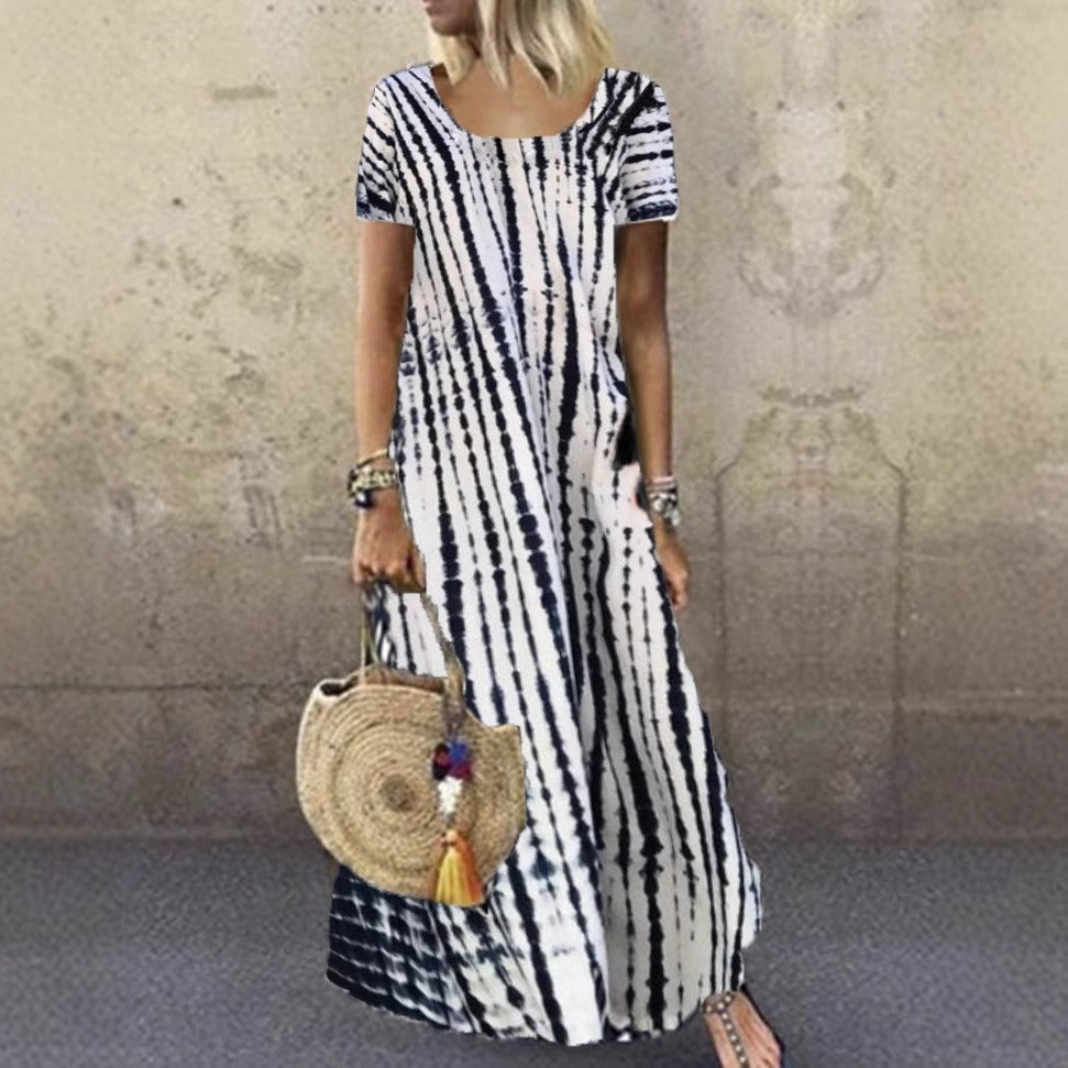 CD | Rochie maxi pentru femei - imprimeu tie-dye - croială lejeră - mâneci scurte - senzație de bumbac moale