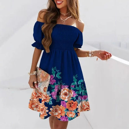 CD | Rochie midi pentru femei - Corset cu un umăr smocked - Imprimate A-line - Mâneci bufante