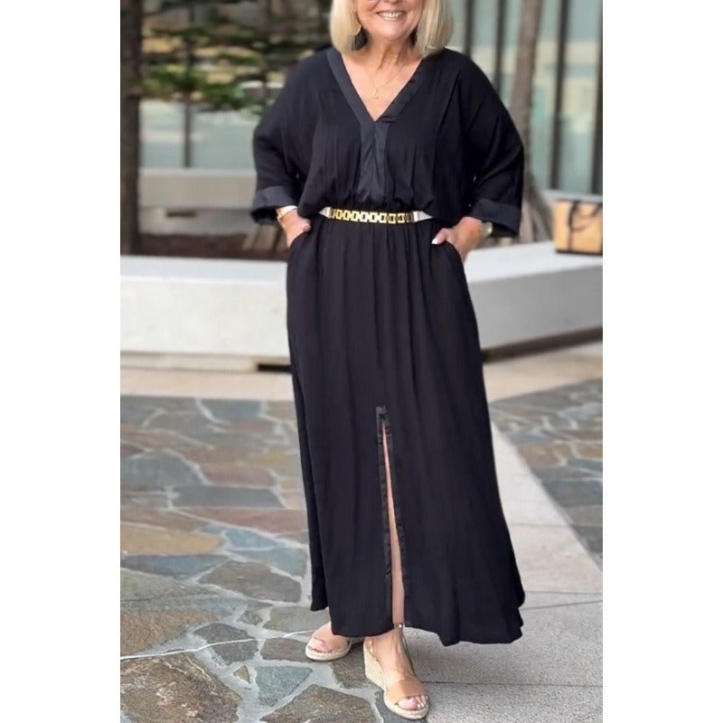 CD | Rochie maxi pentru femei - croială fluidă - decolteu în V - mâneci lungi - fantă frontală