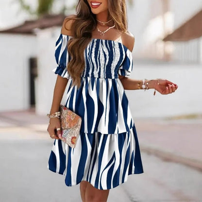 CD | Rochie midi pentru femei - Corset cu un umăr smocked - Imprimate A-line - Mâneci bufante