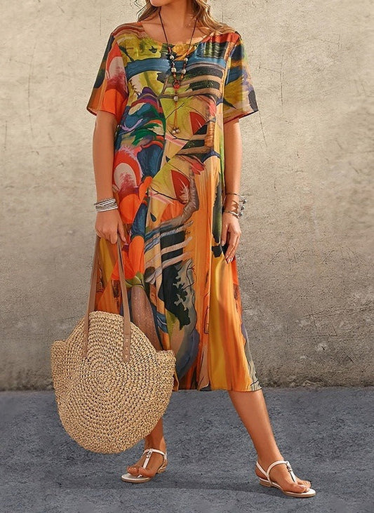 CD | Rochie midi pentru femei - Ținută relaxată - Senzație de bumbac respirabil - Imprimeu abstract - Mâneci scurte
