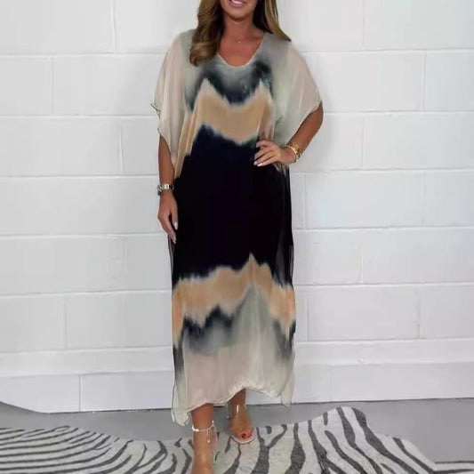 CD | Rochie maxi pentru femei - Șifon - Decolteu în V - Gradient de culoare ombre - Mâneci scurte - Ținută relaxată