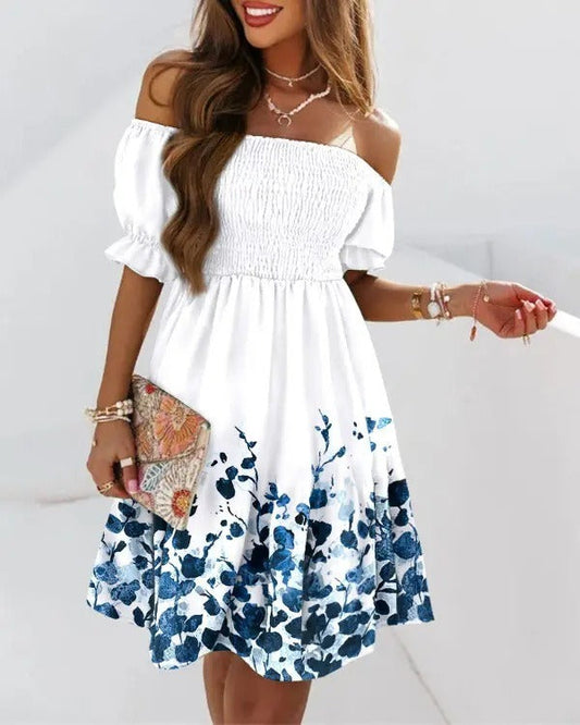 CD | Rochie midi pentru femei - Corset cu un umăr smocked - Imprimate A-line - Mâneci bufante