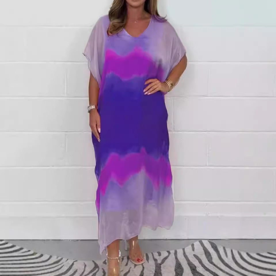 CD | Rochie maxi pentru femei - Șifon - Decolteu în V - Gradient de culoare ombre - Mâneci scurte - Ținută relaxată