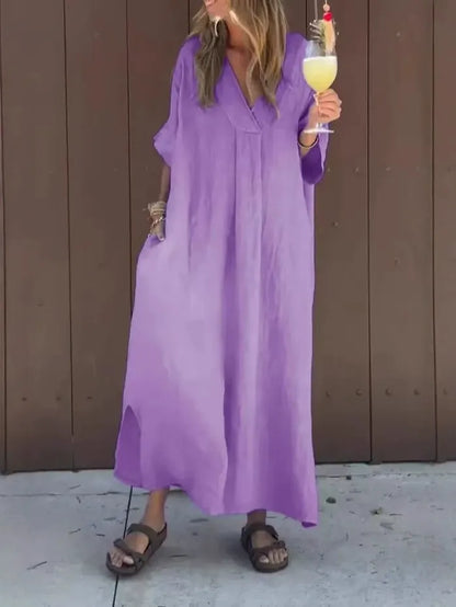 CD | Rochie maxi pentru femei - Bumbac - Ținută lejeră - Decolteu în V - Mâneci scurte - Stil minimalist