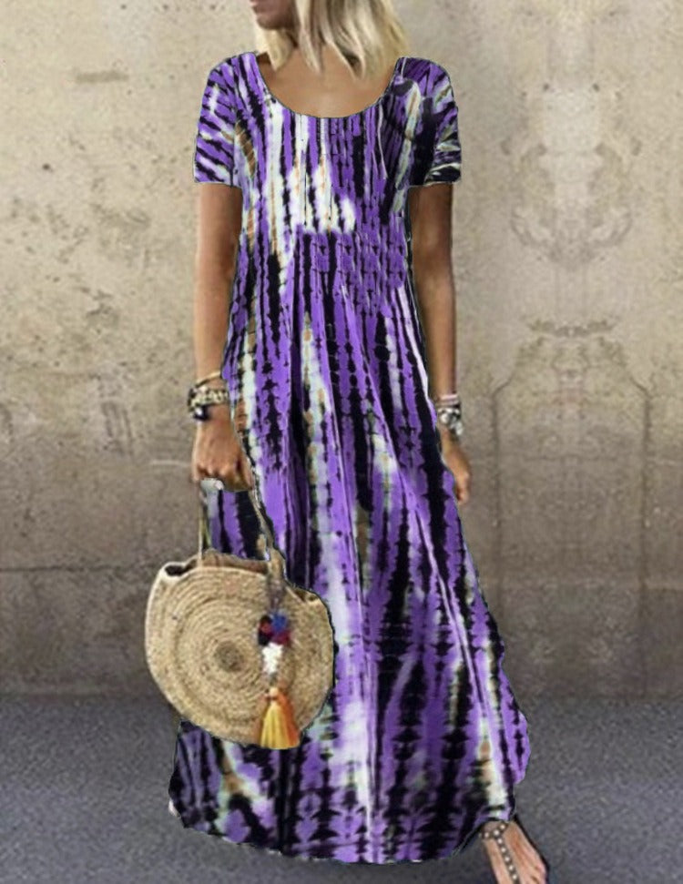 CD | Rochie maxi pentru femei - imprimeu tie-dye - croială lejeră - mâneci scurte - senzație de bumbac moale