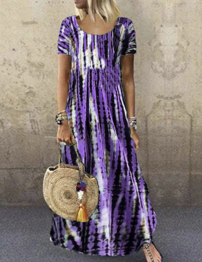 CD | Rochie maxi pentru femei - imprimeu tie-dye - croială lejeră - mâneci scurte - senzație de bumbac moale