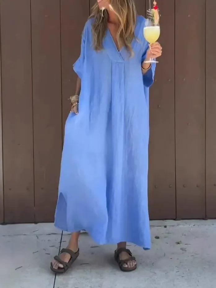 CD | Rochie maxi pentru femei - Bumbac - Ținută lejeră - Decolteu în V - Mâneci scurte - Stil minimalist
