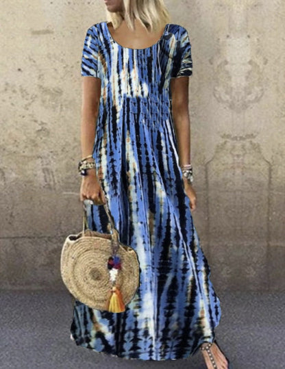 CD | Rochie maxi pentru femei - imprimeu tie-dye - croială lejeră - mâneci scurte - senzație de bumbac moale
