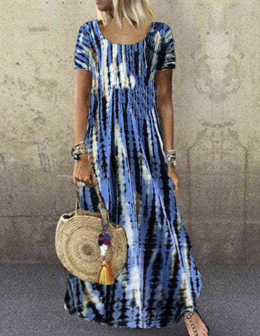CD | Rochie maxi pentru femei - imprimeu tie-dye - croială lejeră - mâneci scurte - senzație de bumbac moale