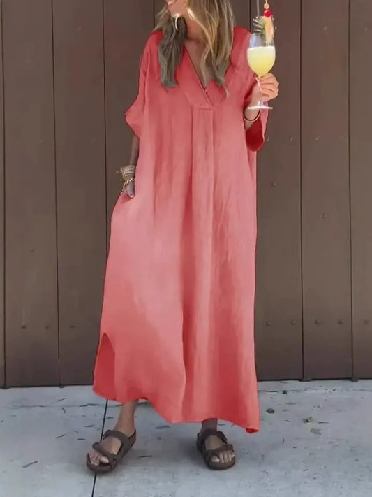 CD | Rochie maxi pentru femei - Bumbac - Ținută lejeră - Decolteu în V - Mâneci scurte - Stil minimalist