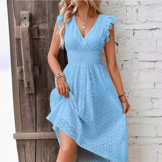 CD | Rochie midi pentru femei - A-line - broderie anglaise - mâneci încrețite - croială pe măsură