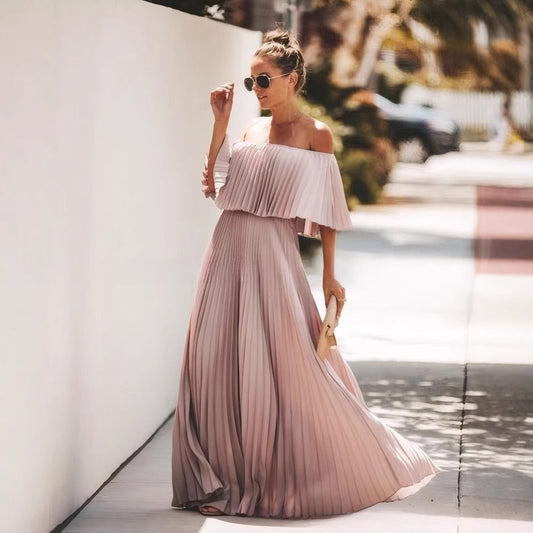 CD | Rochie maxi pentru femei - off-the-shoulder - decolteu cu volane - plisată - croială fluidă
