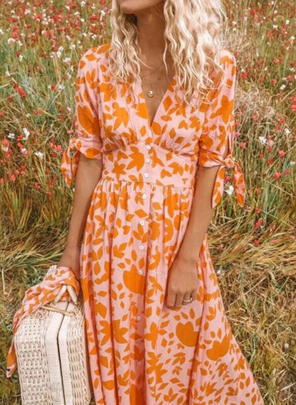 CD | Rochie midi pentru femei - Ținută relaxată - Decolteu în V - Mâneci scurte cu cordon - Fermoar cu nasturi - Imprimeu floral