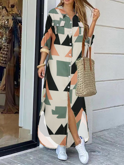 CD | Rochie maxi de damă - Ținută relaxată - Bumbac - Imprimeu geometric - Fermoar cu nasturi - Buzunare pe piept