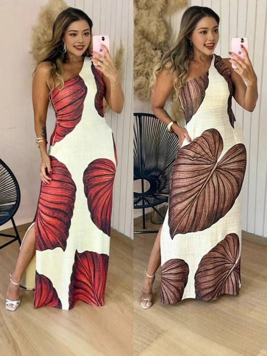 CD | Rochie maxi pentru femei - slim fit - amestec de bumbac - fără mâneci - imprimeu cu frunze - fantă laterală