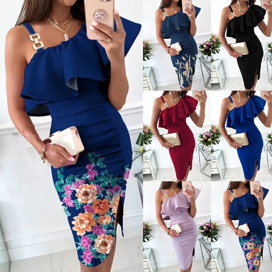 CD | Rochie midi de damă - aspect satinat - croială subțire - bust adunat - bretele înflorate - fantă laterală