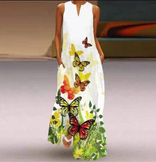 CD | Rochie maxi pentru femei - Ținută relaxată - Bumbac - Decolteu în V - Model cu flori de fluture - Buzunare
