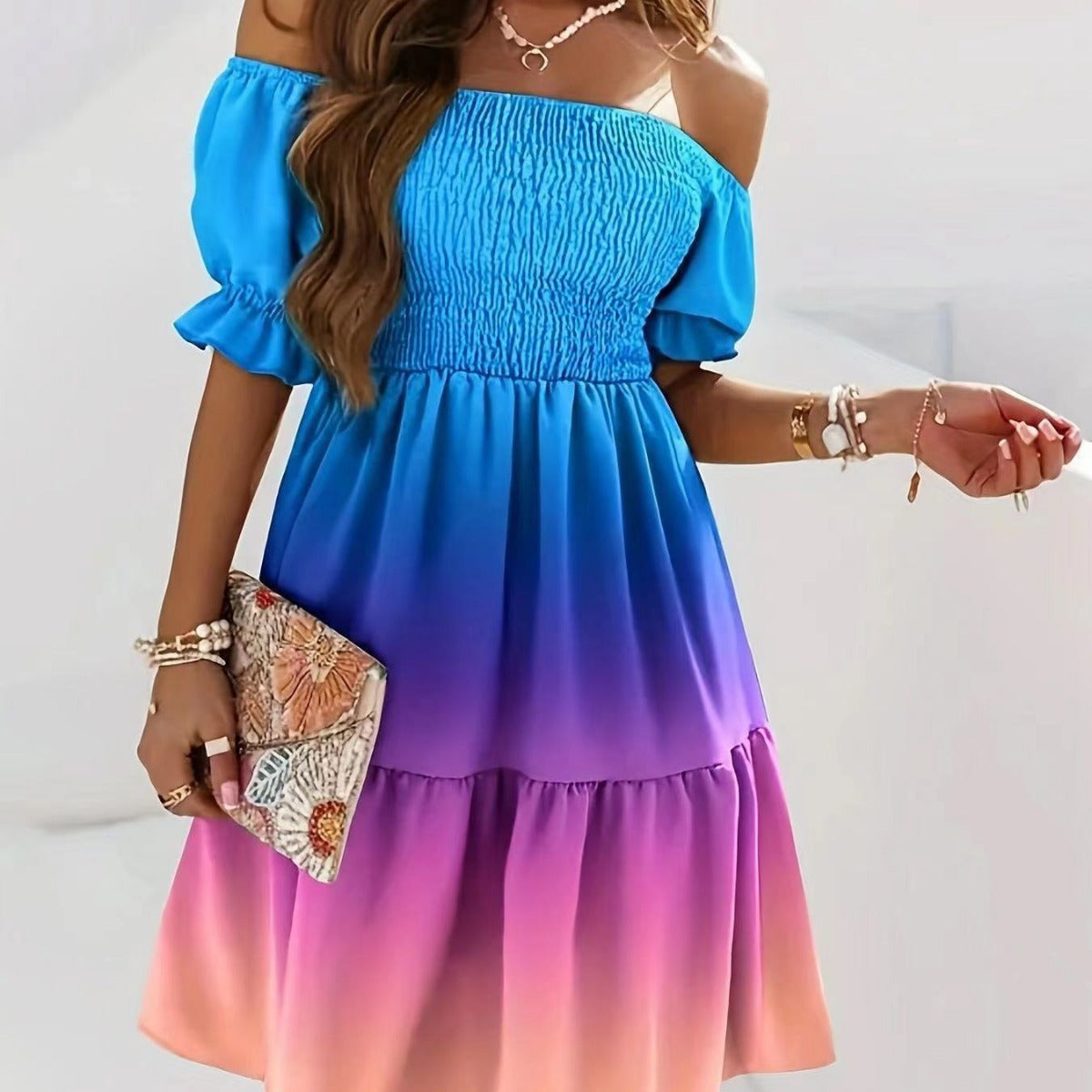 CD | Rochie midi pentru femei - Corset cu un umăr smocked - Imprimate A-line - Mâneci bufante