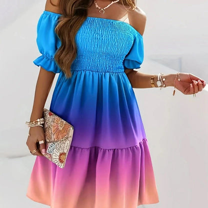 CD | Rochie midi pentru femei - Corset cu un umăr smocked - Imprimate A-line - Mâneci bufante