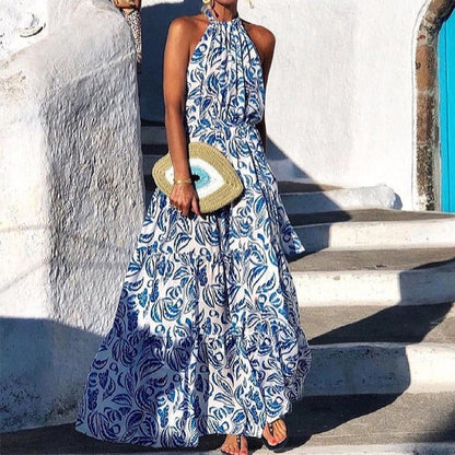 CD | Rochie maxi de damă - croială fluidă - guler tip halterneck - fustă cu dungi - imprimeu floral