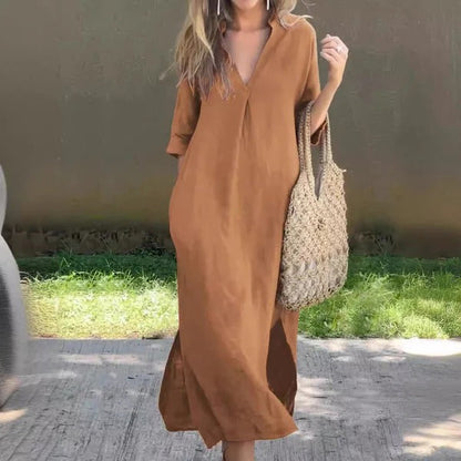CD | Rochie maxi pentru femei - Ținută relaxată - Decolteu în V - Mâneci pe jumătate - Bumbac