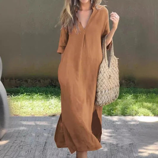 CD | Rochie maxi pentru femei - Ținută relaxată - Decolteu în V - Mâneci pe jumătate - Bumbac