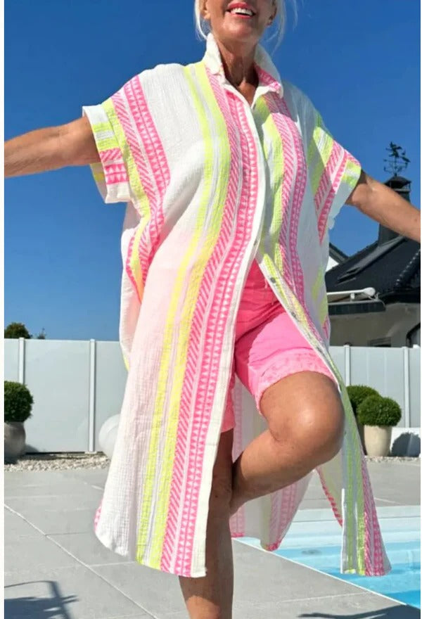 CD | Rochie midi pentru femei - Croială relaxată - Fermoar cu nasturi - Mâneci scurte - Bumbac Feel
