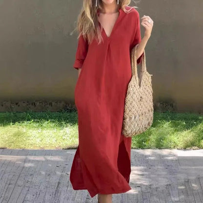 CD | Rochie maxi pentru femei - Ținută relaxată - Decolteu în V - Mâneci pe jumătate - Bumbac