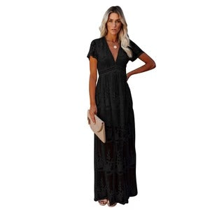 CD | Rochie maxi pentru femei - brodată - decolteu în V - mâneci scurte - croială fluidă, elegantă