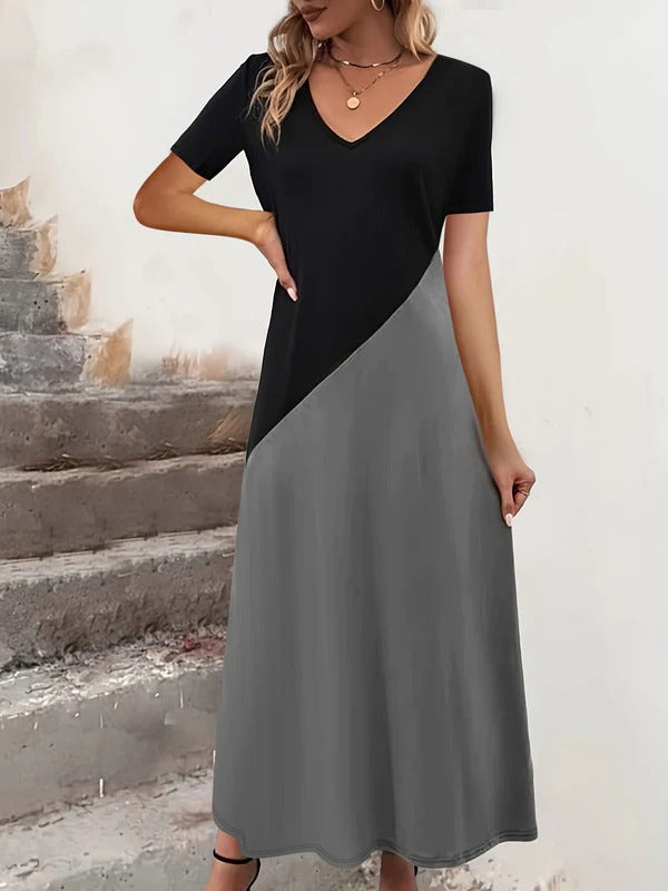 CD | Rochie maxi pentru femei - Amestec de bumbac - Top mulat - Decolteu în V - Colour block - Mâneci scurte