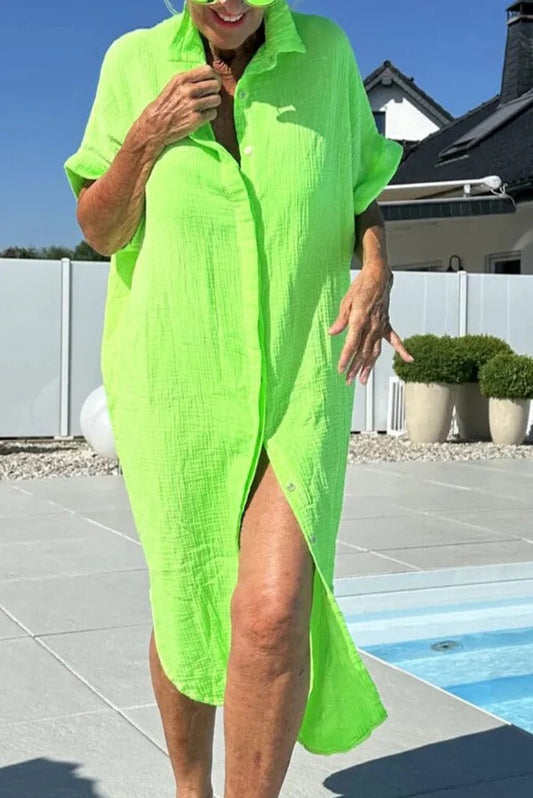 CD | Rochie midi pentru femei - Croială relaxată - Fermoar cu nasturi - Mâneci scurte - Bumbac Feel