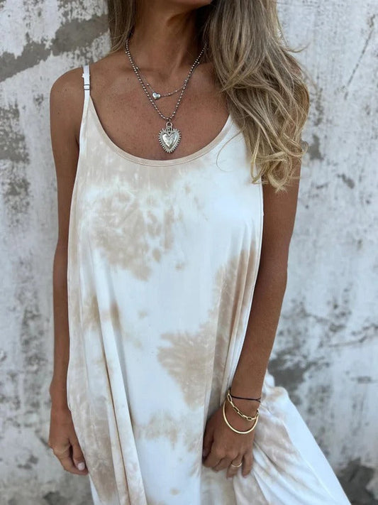 CD | Rochie maxi pentru femei - Croială relaxată - Decolteu rotund - Bretele spaghete - Look Tie-dye