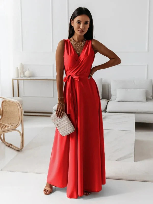 CD | Rochie maxi pentru femei - Țesătură luxoasă - Decolteu în V - Panglică cu cravată - Fără mâneci Ținută elegantă