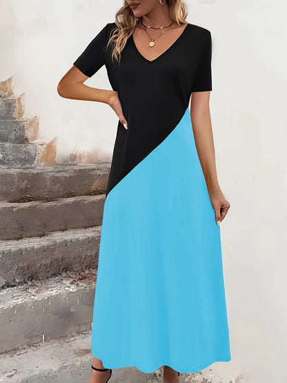 CD | Rochie maxi pentru femei - Amestec de bumbac - Top mulat - Decolteu în V - Colour block - Mâneci scurte