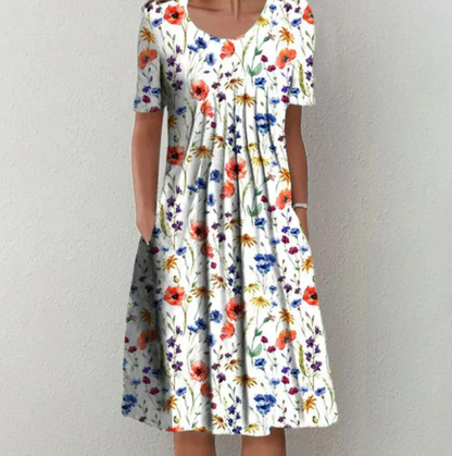 CD | Rochie midi pentru femei - A-line fit - Amestec respirabil - Decolteu rotund - Model floral - Buzunare