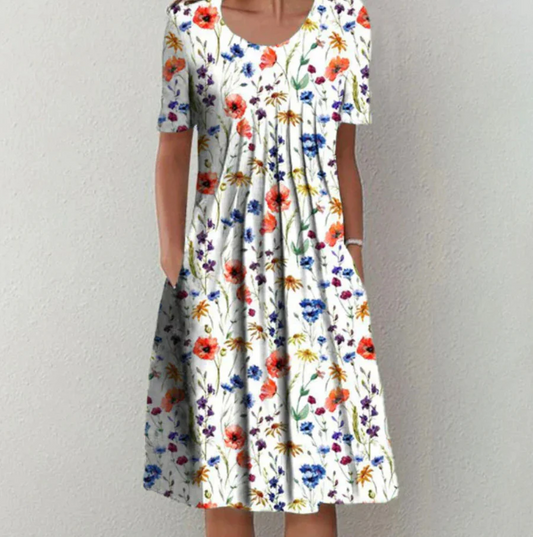 CD | Rochie midi pentru femei - A-line fit - Amestec respirabil - Decolteu rotund - Model floral - Buzunare