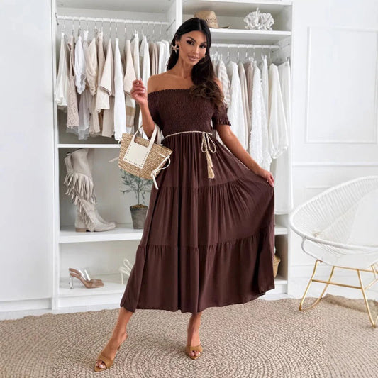 CD | Rochie maxi pentru femei - fără umeri - fustă cu cravată - talie elastică - detaliu cu volane