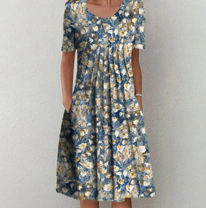 CD | Rochie midi pentru femei - A-line fit - Amestec respirabil - Decolteu rotund - Model floral - Buzunare