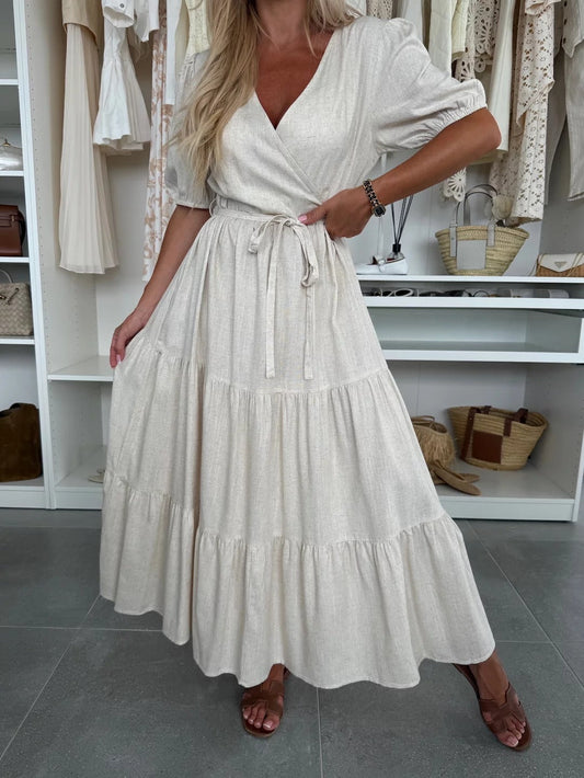 CD | Rochie maxi pentru femei - A-line - wrap față - mâneci bufante - fustă cu panglică cu curea